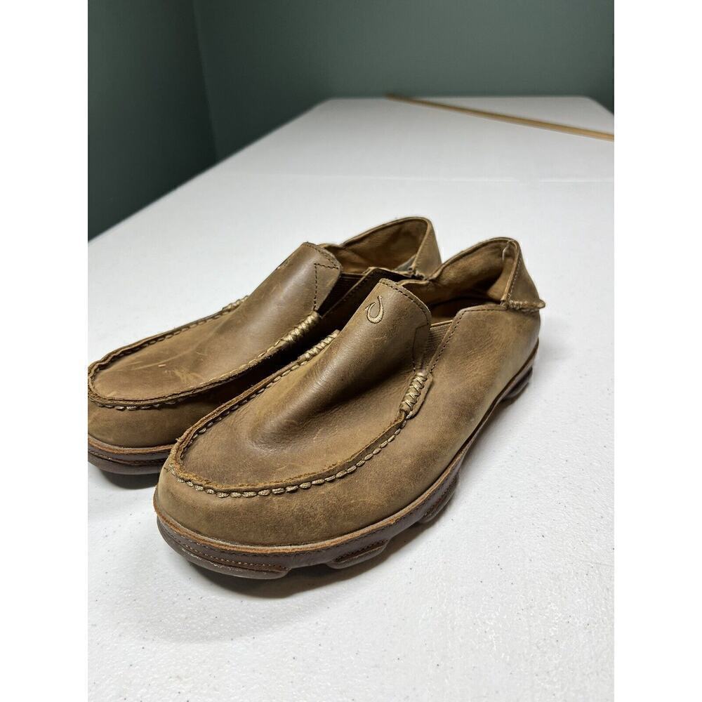 Olukai Men's Moloa Waxed Leather Slip On Loafer Shoes Brown Size 8.5
